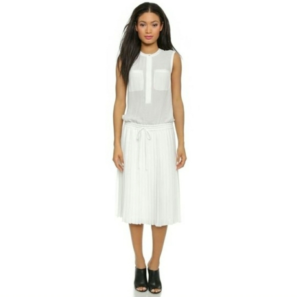 Vince | Classic White Half Sheer Sleeveless Pleated Shirt Dress (Size Medium)